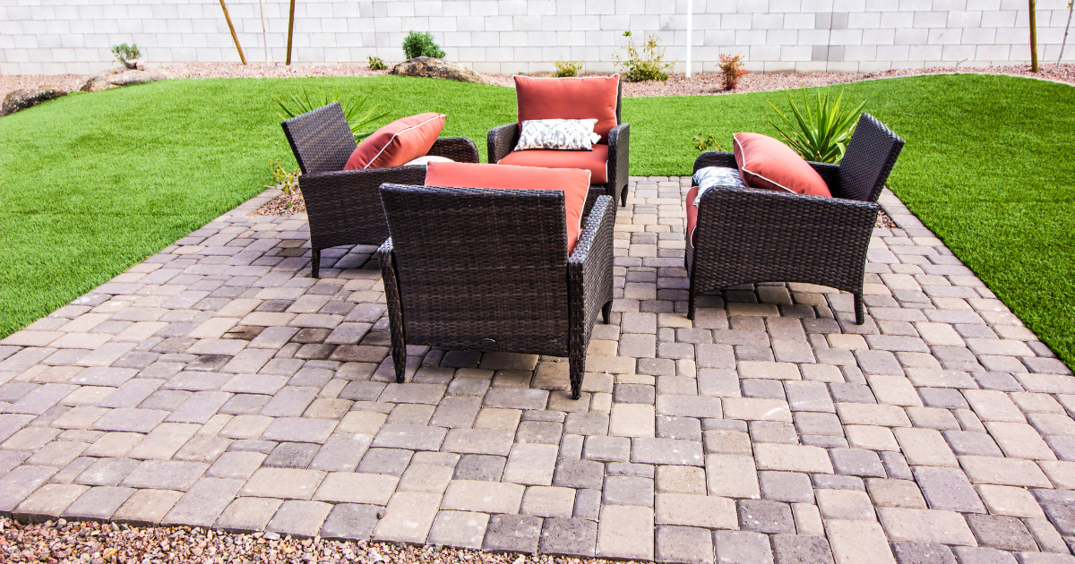 Patio with outdoor seating under a pergola